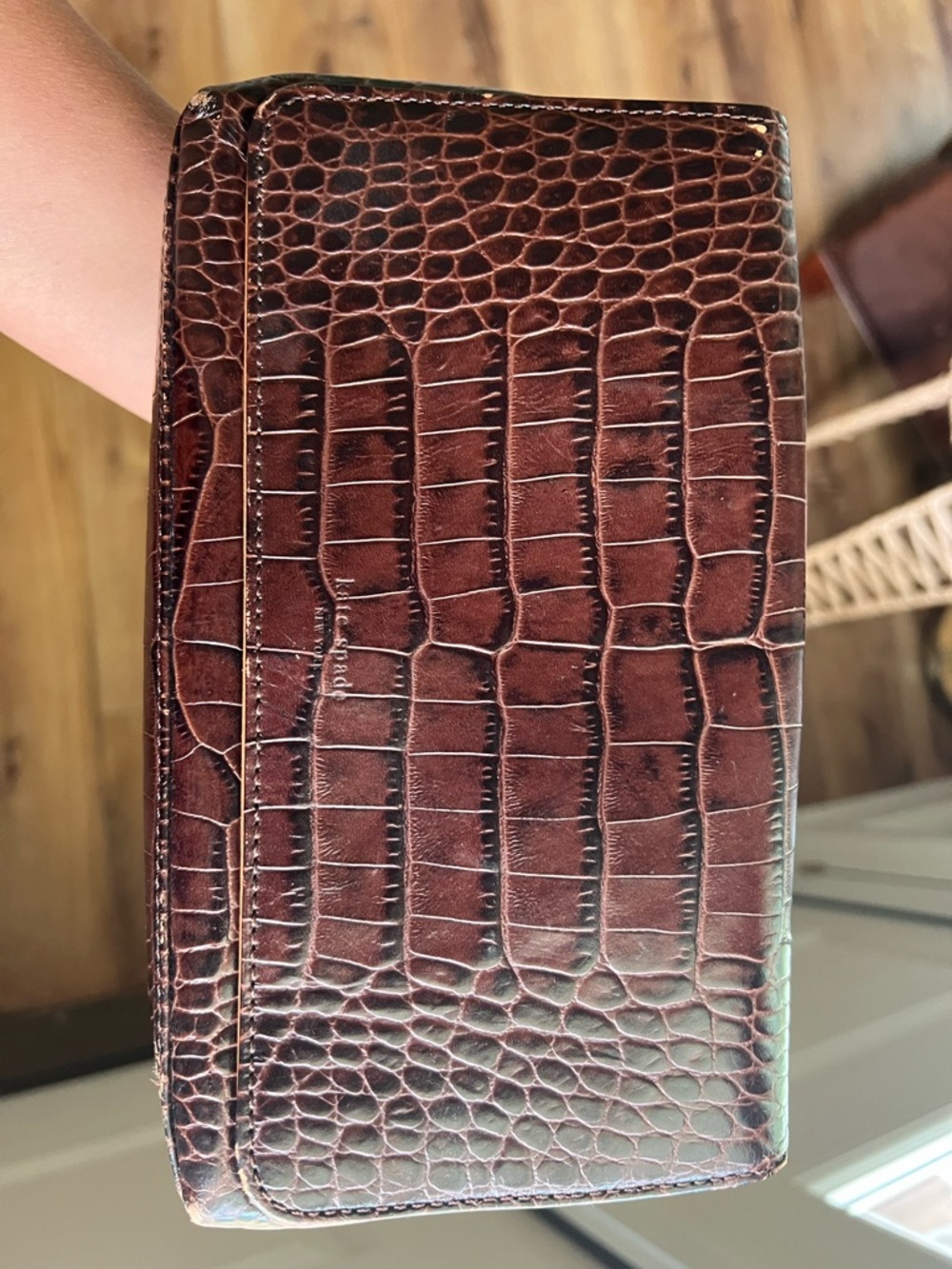 kate spade brown leather wristlet with tan trim